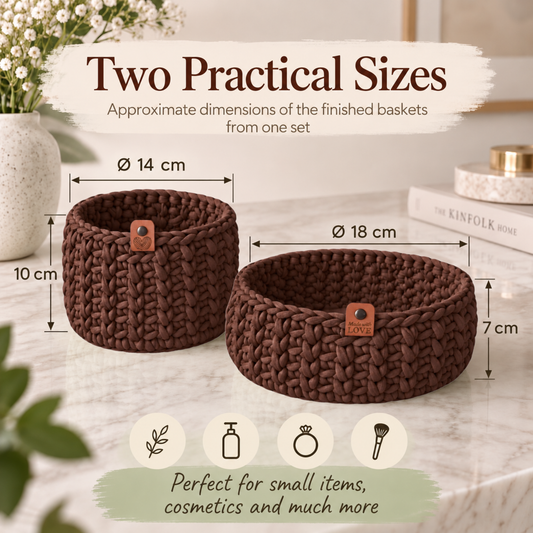 Crochet basket kit with 2 wooden bottoms, Sweet Brownie