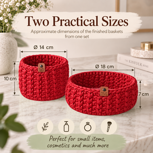 Crochet basket kit with 2 wooden bottoms, Lady in Red