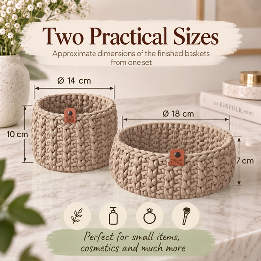 Crochet basket kit with 2 wooden bottoms, Caramel