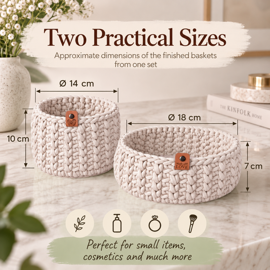 Crochet basket kit with 2 wooden bottoms, Ivory