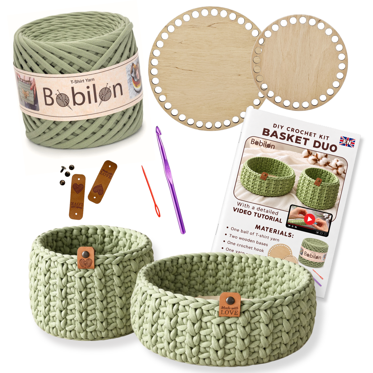 Crochet basket kit with 2 wooden bottoms, Olive
