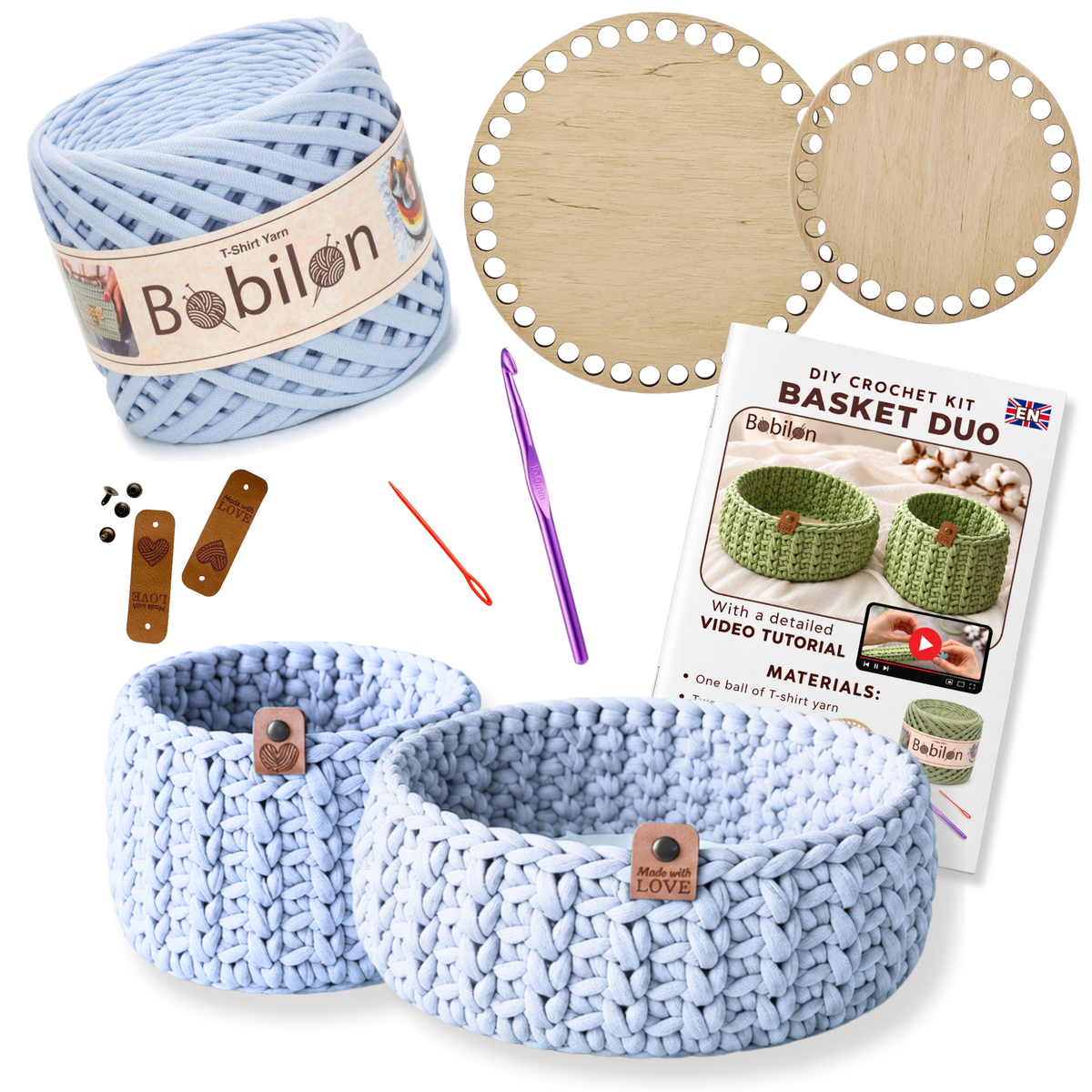 Crochet basket kit with 2 wooden bottoms, Sky Blue
