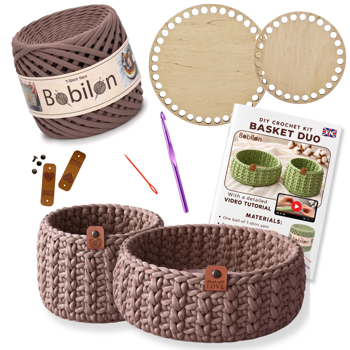 Crochet basket kit with 2 wooden bottoms, Cocoa