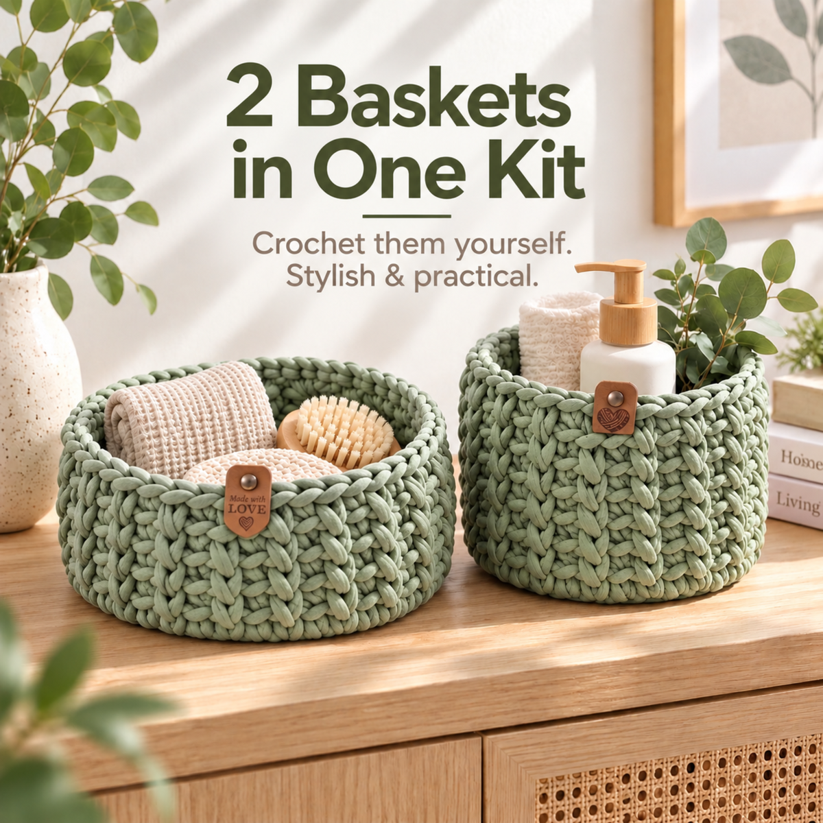 Crochet basket kit with 2 wooden bottoms, Olive