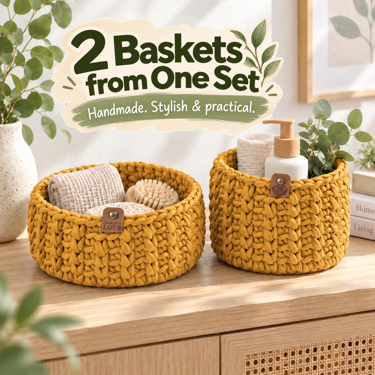 Crochet basket kit with 2 wooden bottoms, Mustard