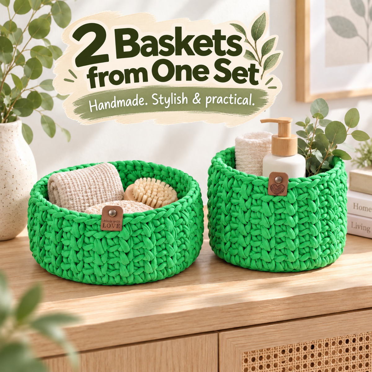 Crochet basket kit with 2 wooden bottoms, Green Apple