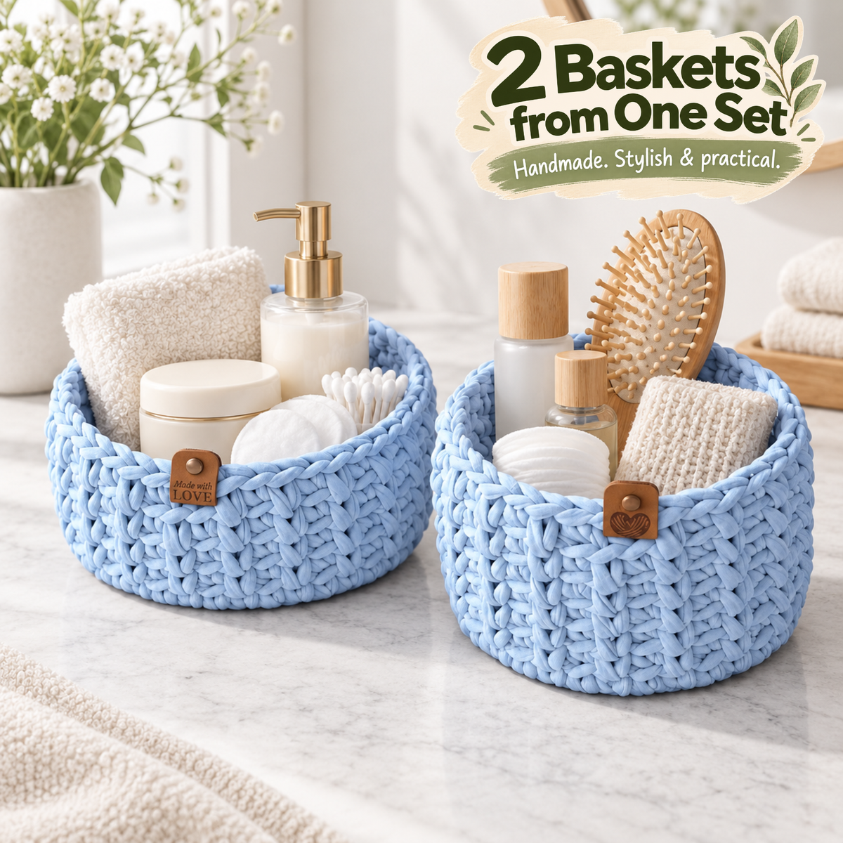 Crochet basket kit with 2 wooden bottoms, Sky Blue