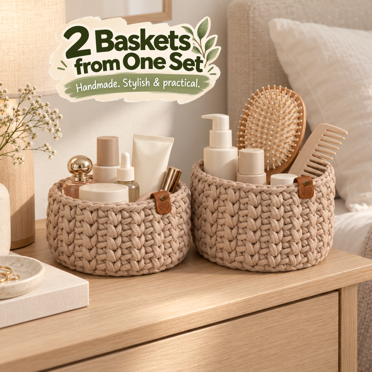 Crochet basket kit with 2 wooden bottoms, Caramel