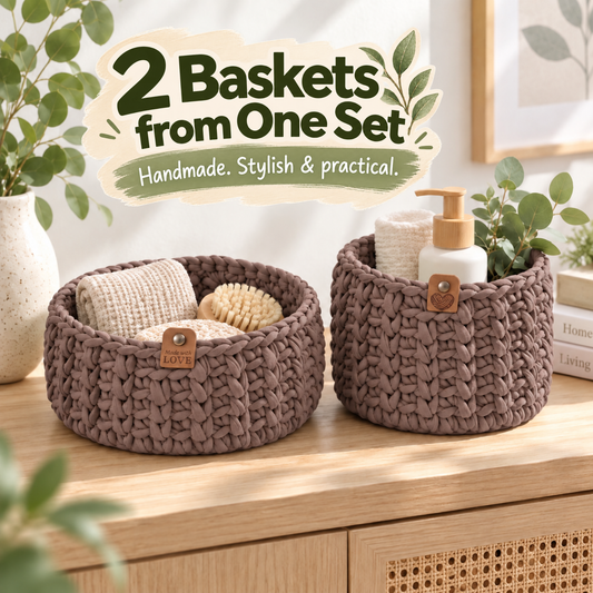 Crochet basket kit with 2 wooden bottoms, Cocoa