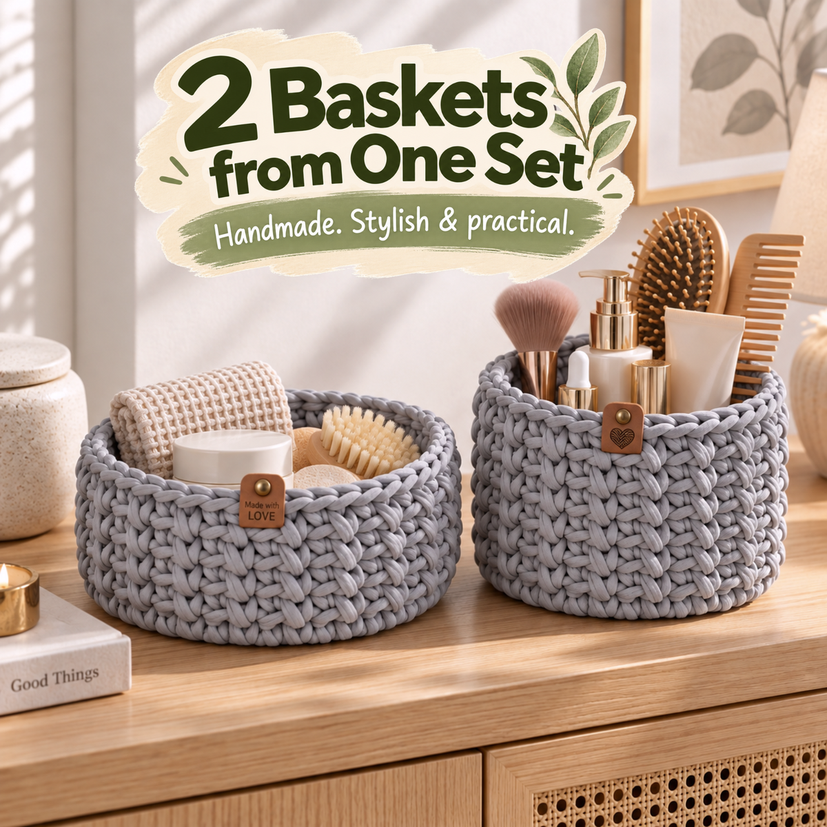 Crochet basket kit with 2 wooden bottoms, Space Gray