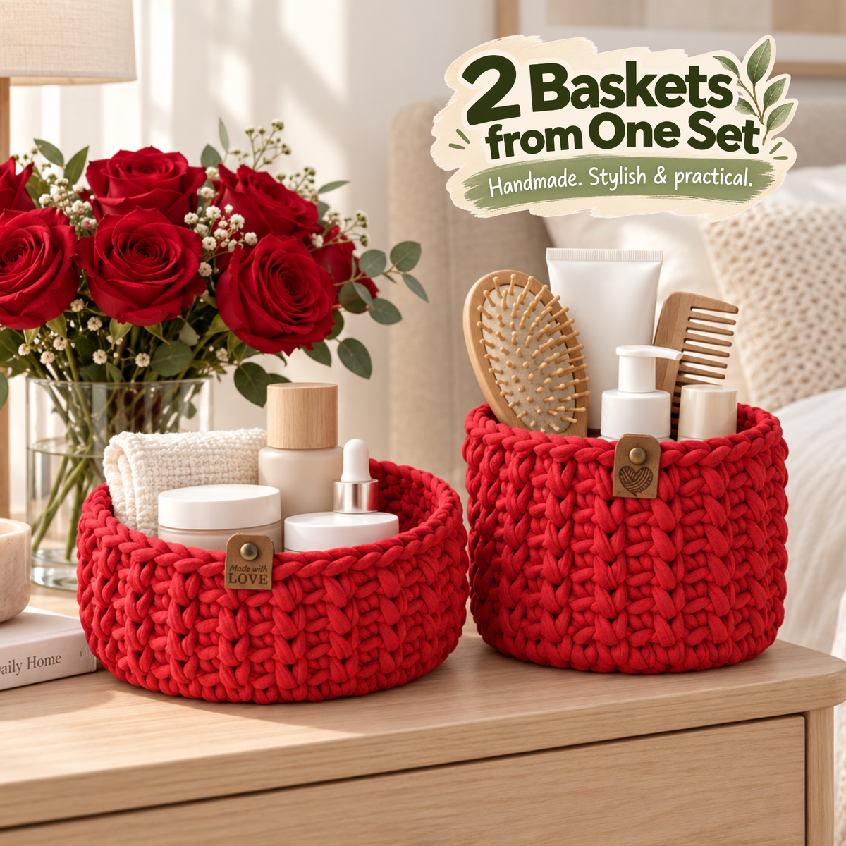 Crochet basket kit with 2 wooden bottoms, Lady in Red