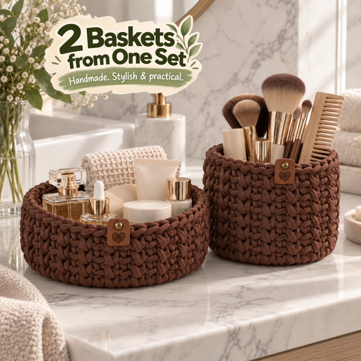Crochet basket kit with 2 wooden bottoms, Sweet Brownie
