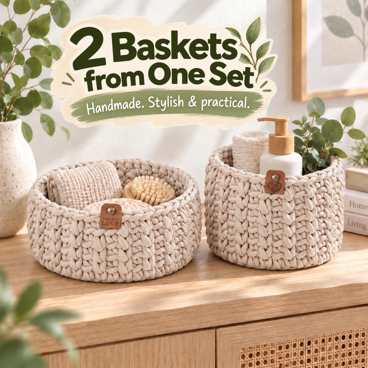 Crochet basket kit with 2 wooden bottoms, Ivory