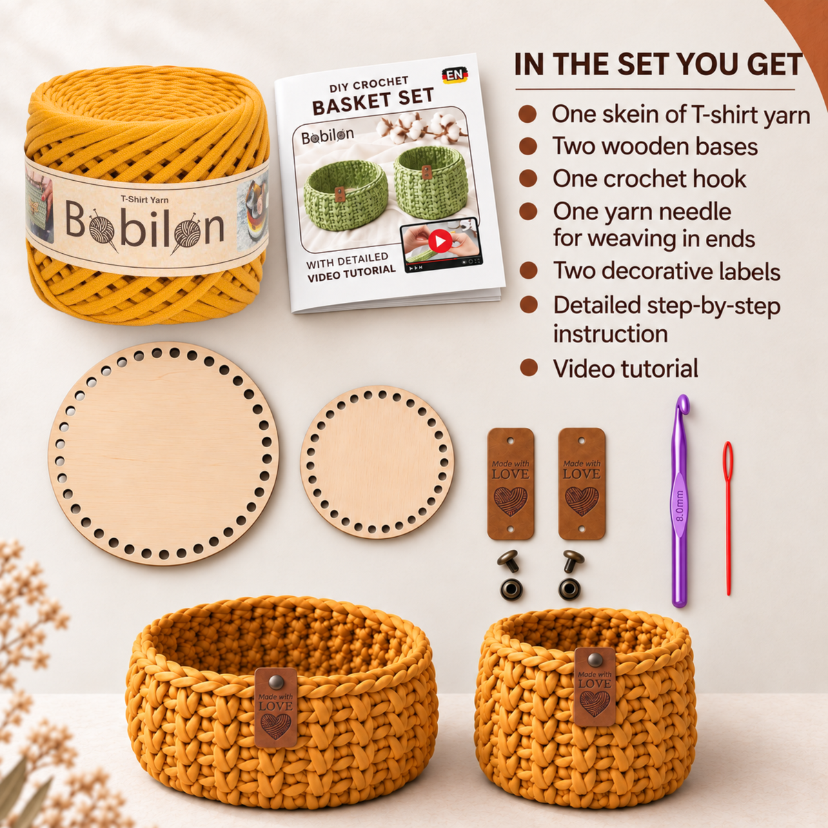 Crochet basket kit with 2 wooden bottoms, Mustard