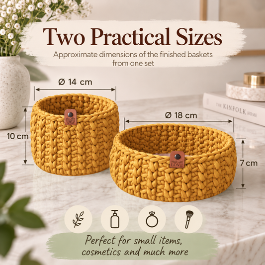 Crochet basket kit with 2 wooden bottoms, Mustard