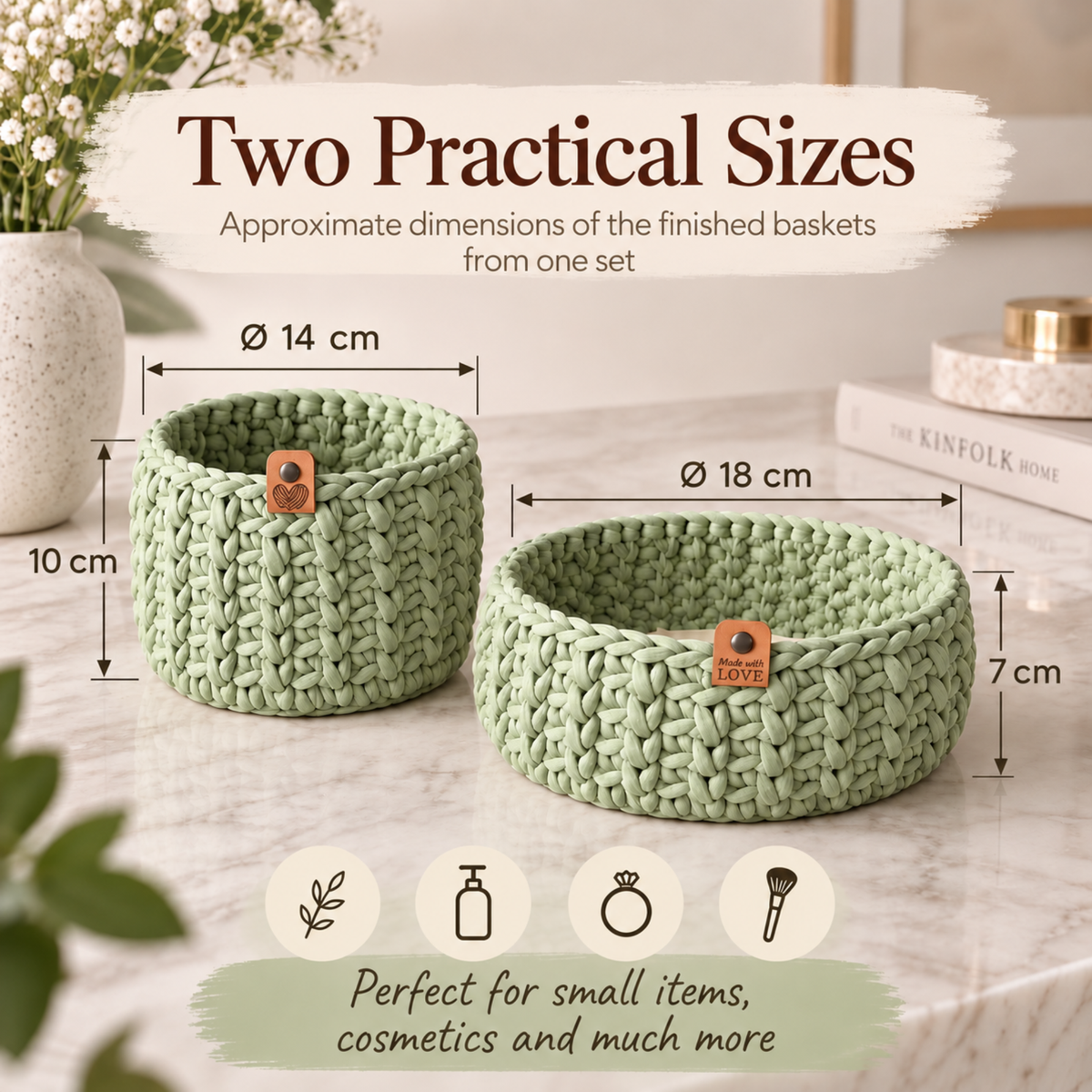 Crochet basket kit with 2 wooden bottoms, Olive