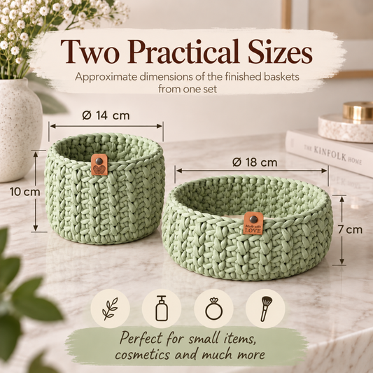 Crochet basket kit with 2 wooden bottoms, Olive