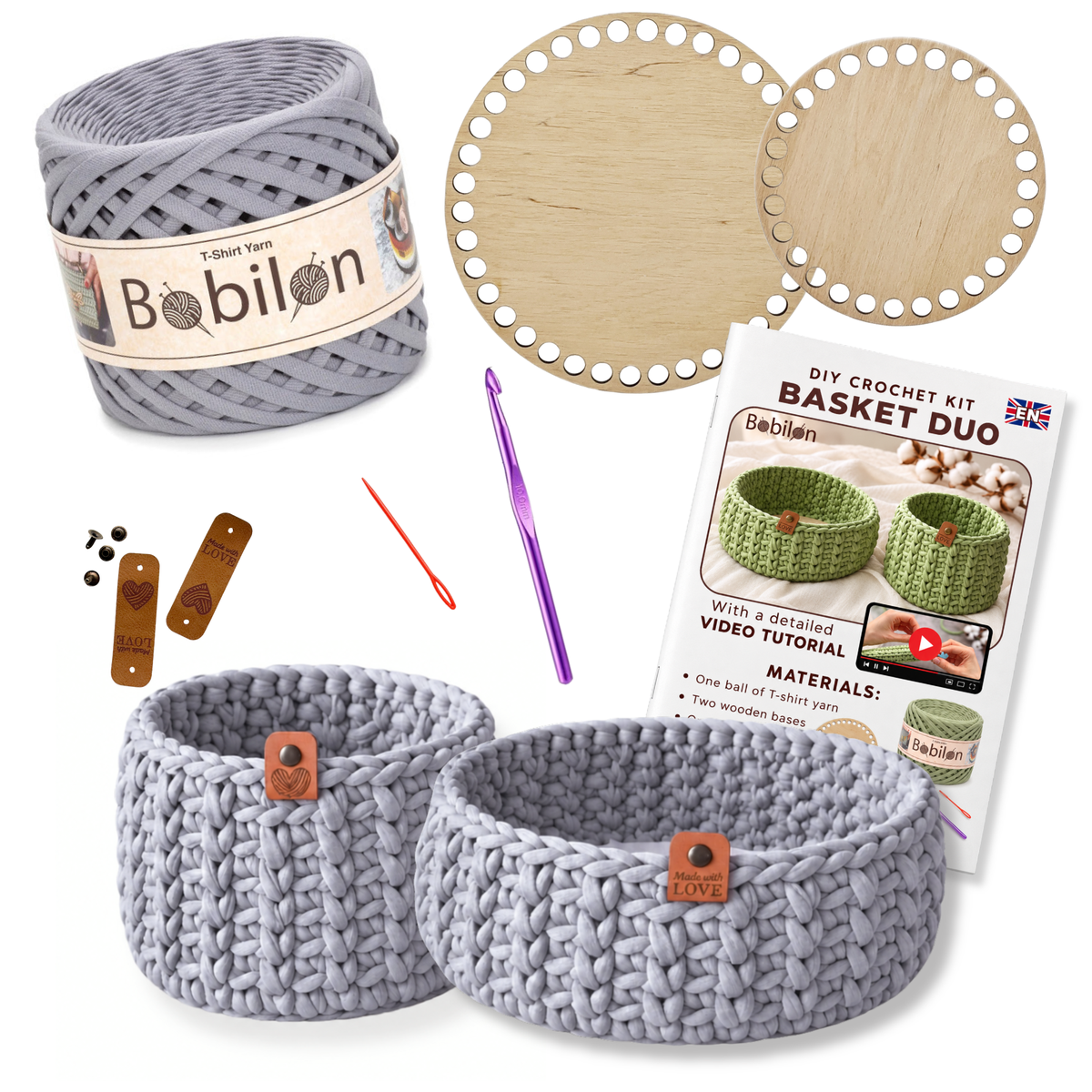 Crochet basket kit with 2 wooden bottoms, Space Gray