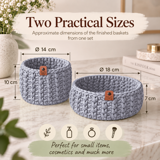 Crochet basket kit with 2 wooden bottoms, Space Gray