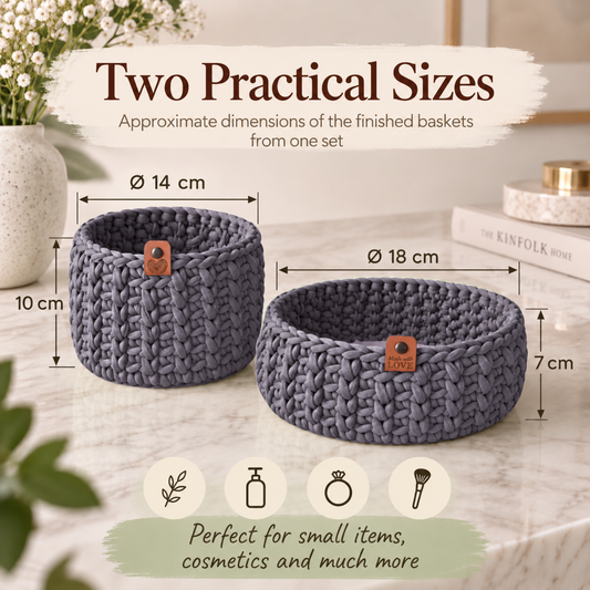 Crochet basket kit with 2 wooden bottoms, Mr. Gray