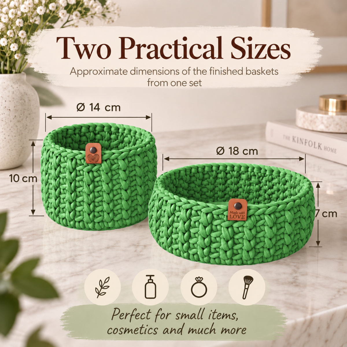 Crochet basket kit with 2 wooden bottoms, Green Apple