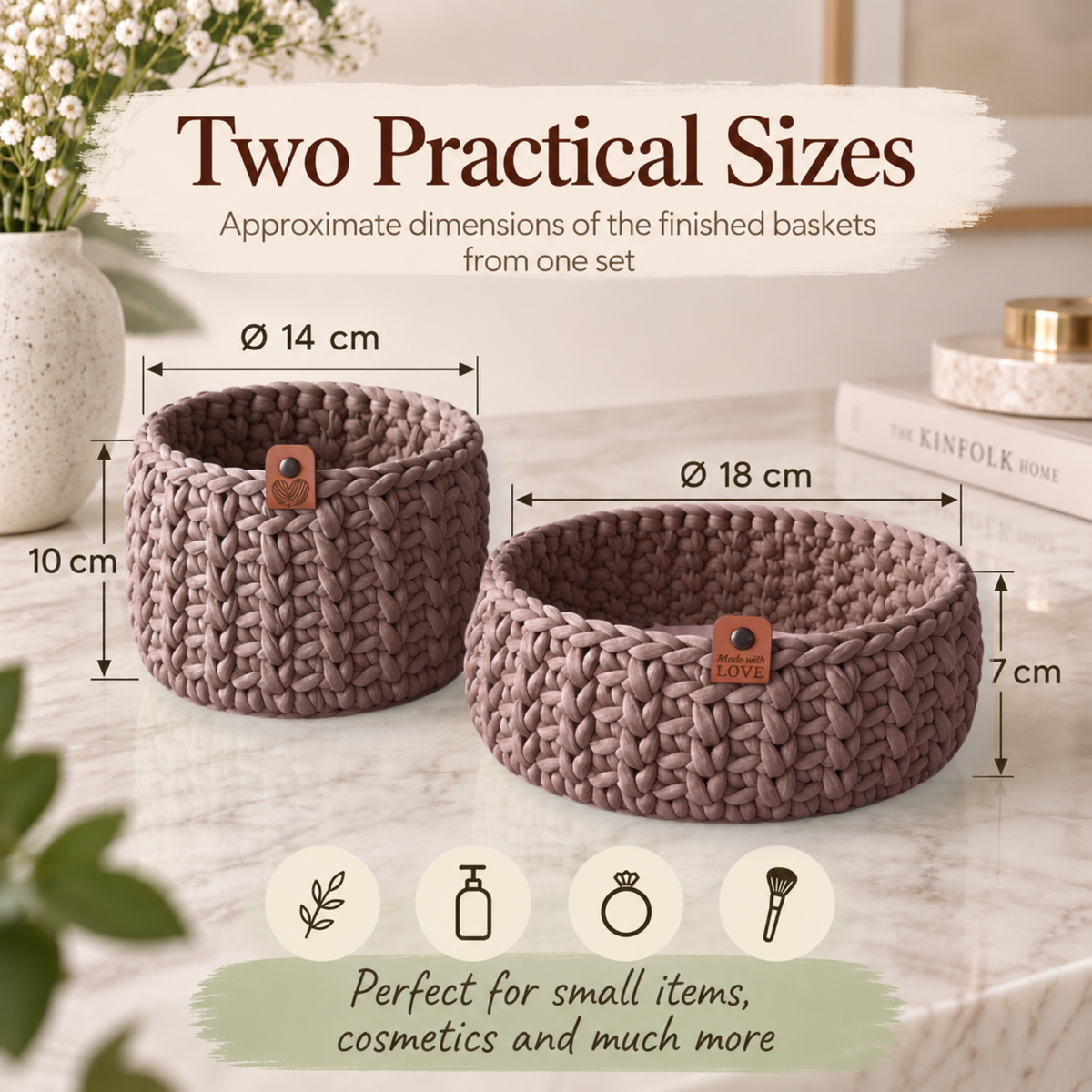 Crochet basket kit with 2 wooden bottoms, Cocoa