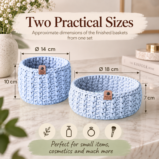 Crochet basket kit with 2 wooden bottoms, Sky Blue