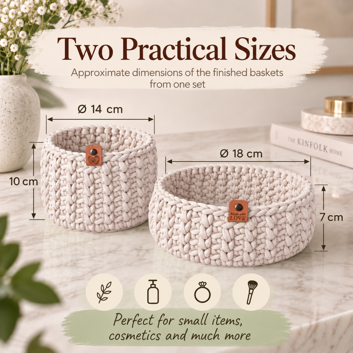 Crochet basket kit with 2 wooden bottoms, Ivory