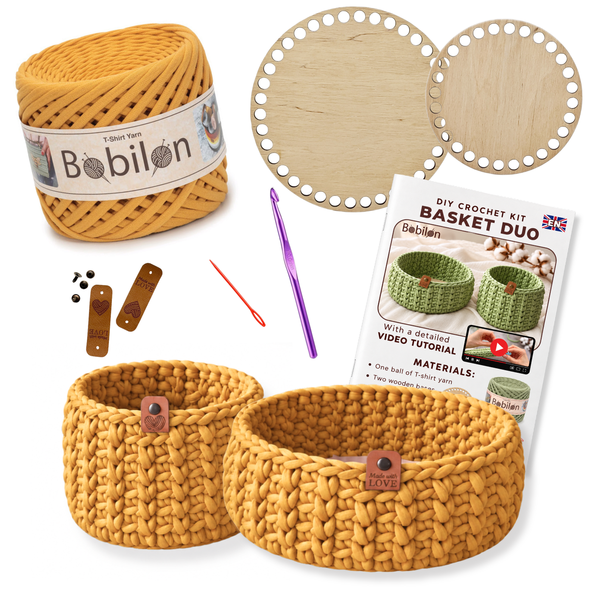 Crochet basket kit with 2 wooden bottoms, Mustard