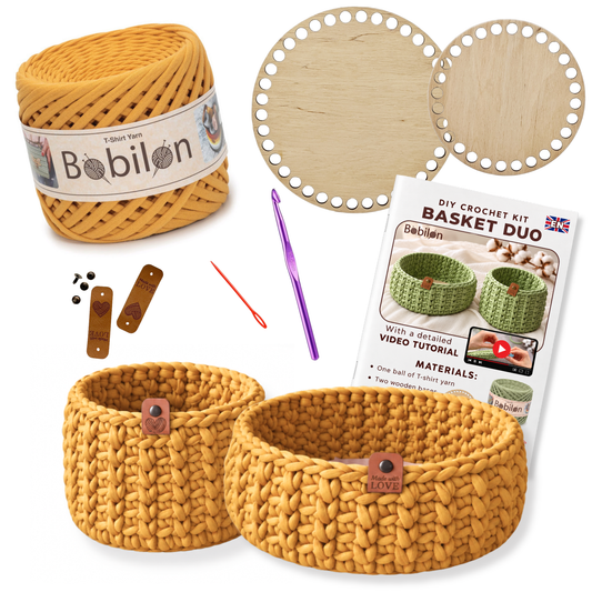 Crochet basket kit with 2 wooden bottoms, Mustard