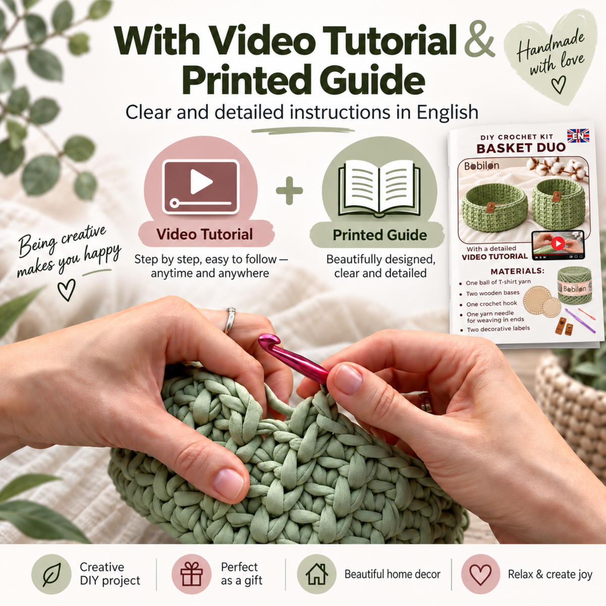 Crochet basket kit with 2 wooden bottoms, Canyon