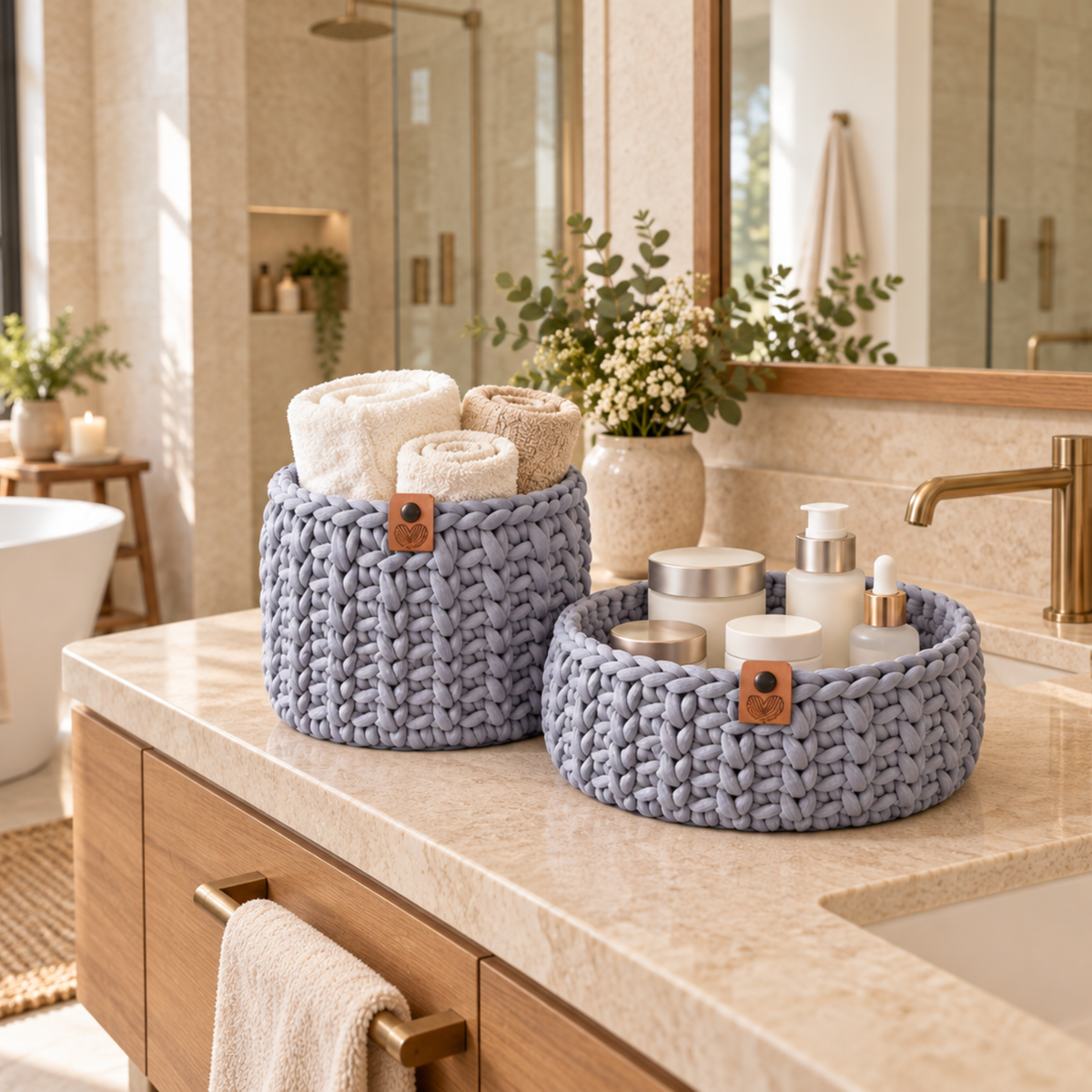 Crochet basket kit with 2 wooden bottoms, Space Gray