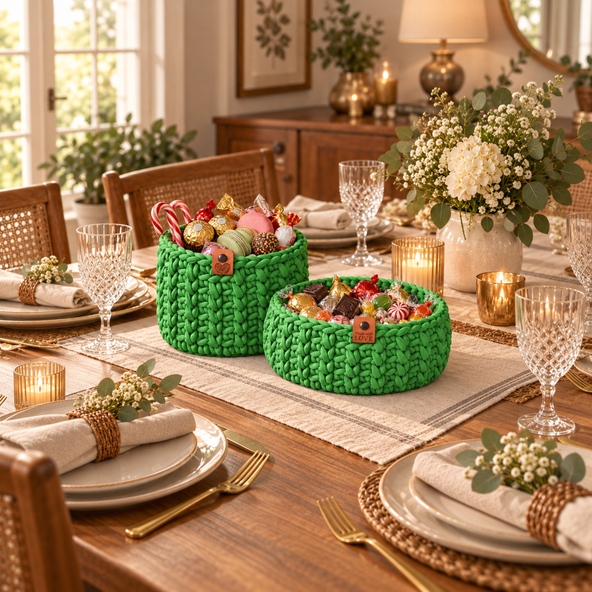Crochet basket kit with 2 wooden bottoms, Green Apple