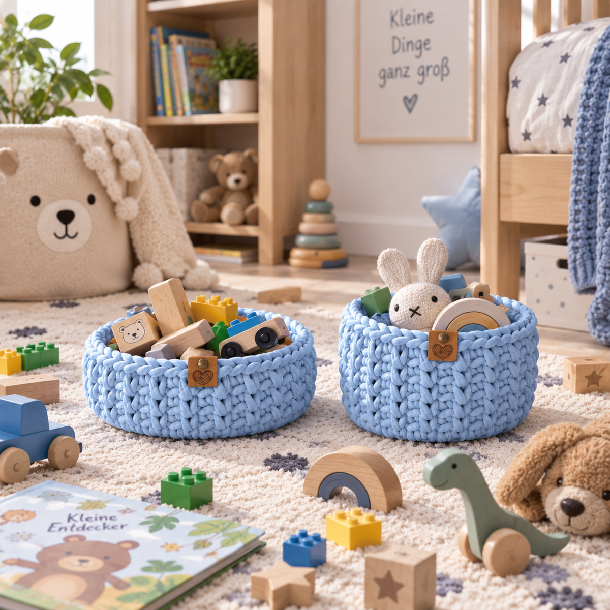 Crochet basket kit with 2 wooden bottoms, Sky Blue