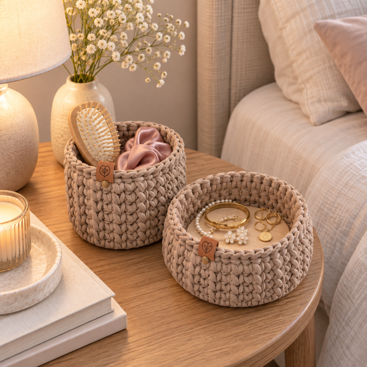 Crochet basket kit with 2 wooden bottoms, Caramel