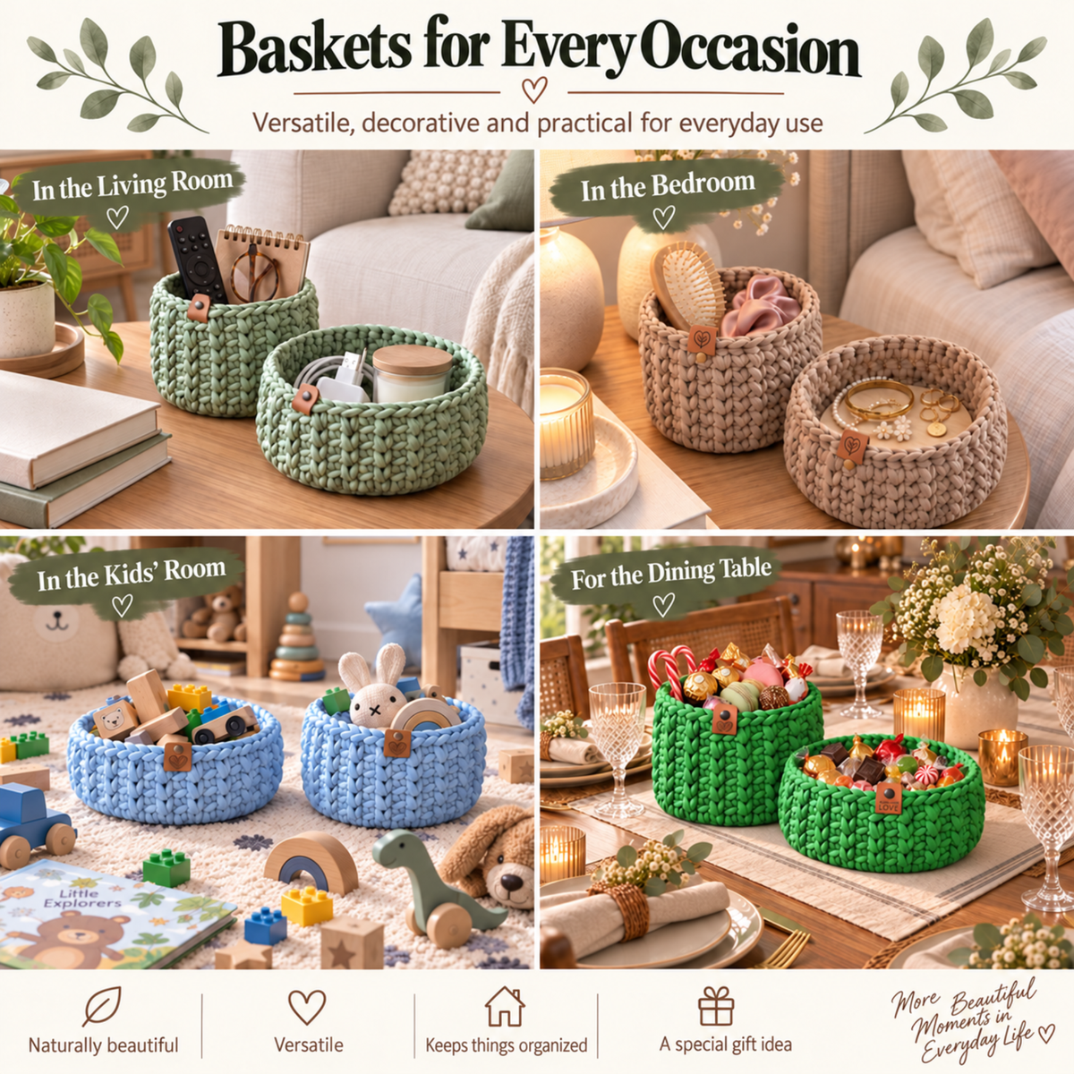 Crochet basket kit with 2 wooden bottoms, Canyon