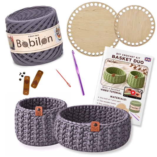 Crochet basket kit with 2 wooden bottoms, Mr. Gray