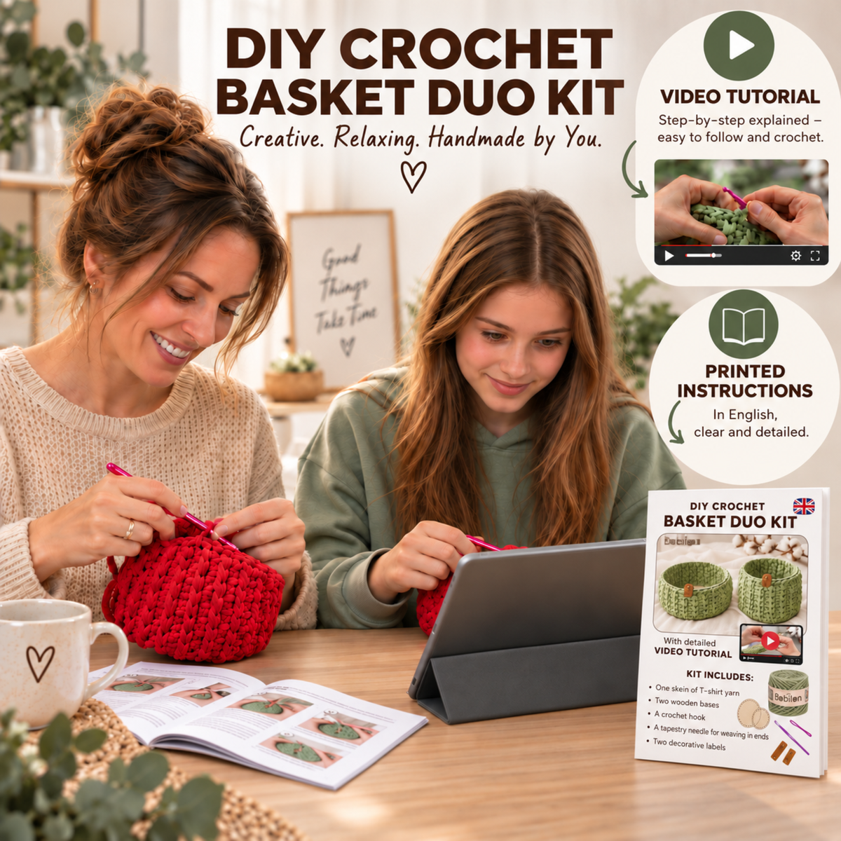 Crochet basket kit with 2 wooden bottoms, Canyon