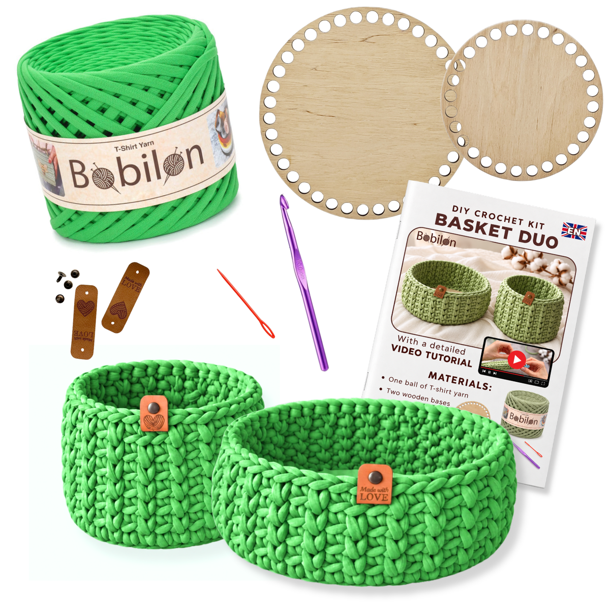 Crochet basket kit with 2 wooden bottoms, Green Apple