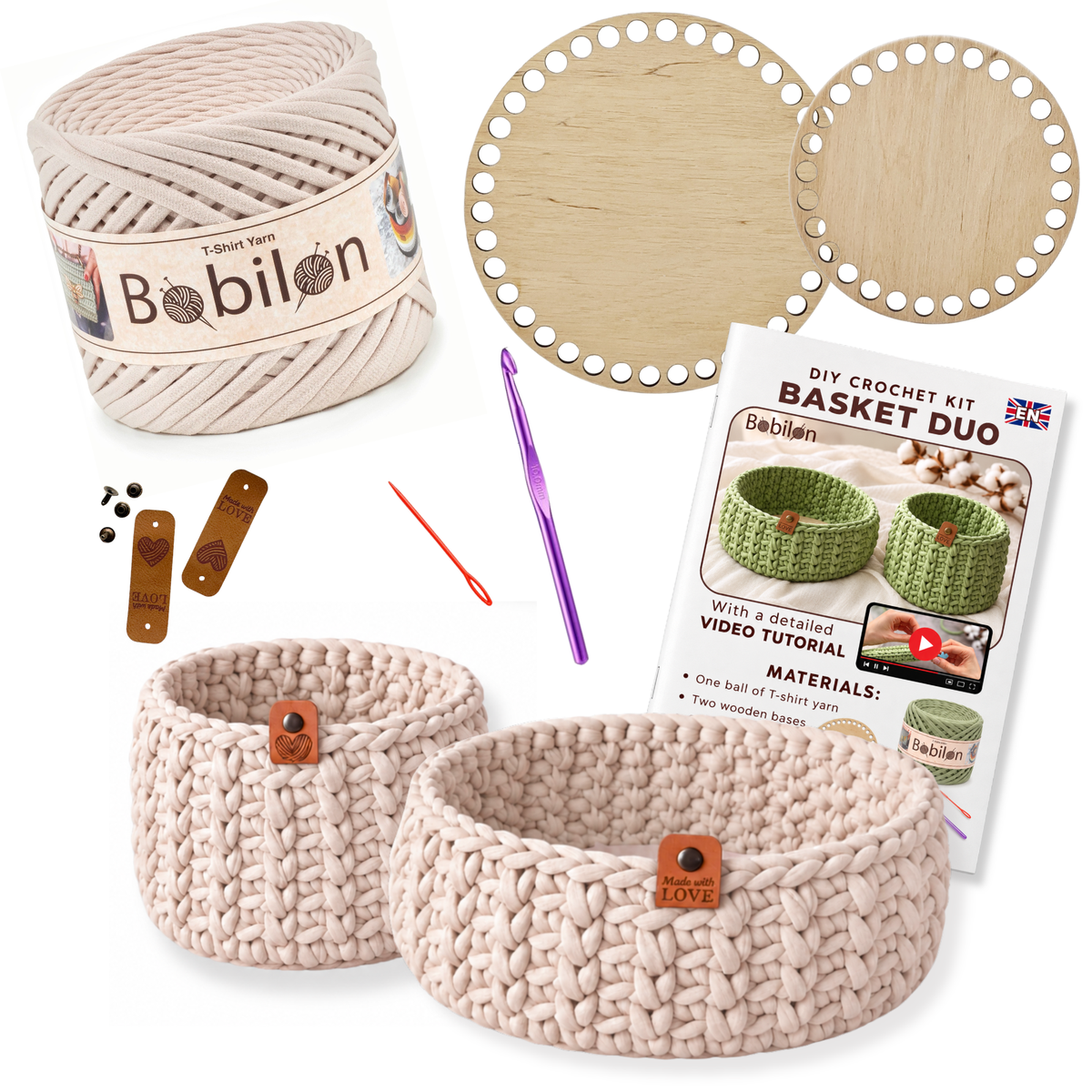 Crochet basket kit with 2 wooden bottoms, Ivory