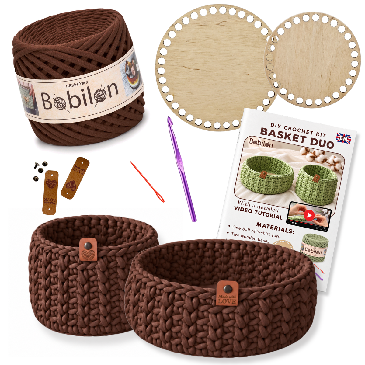 Crochet basket kit with 2 wooden bottoms, Sweet Brownie