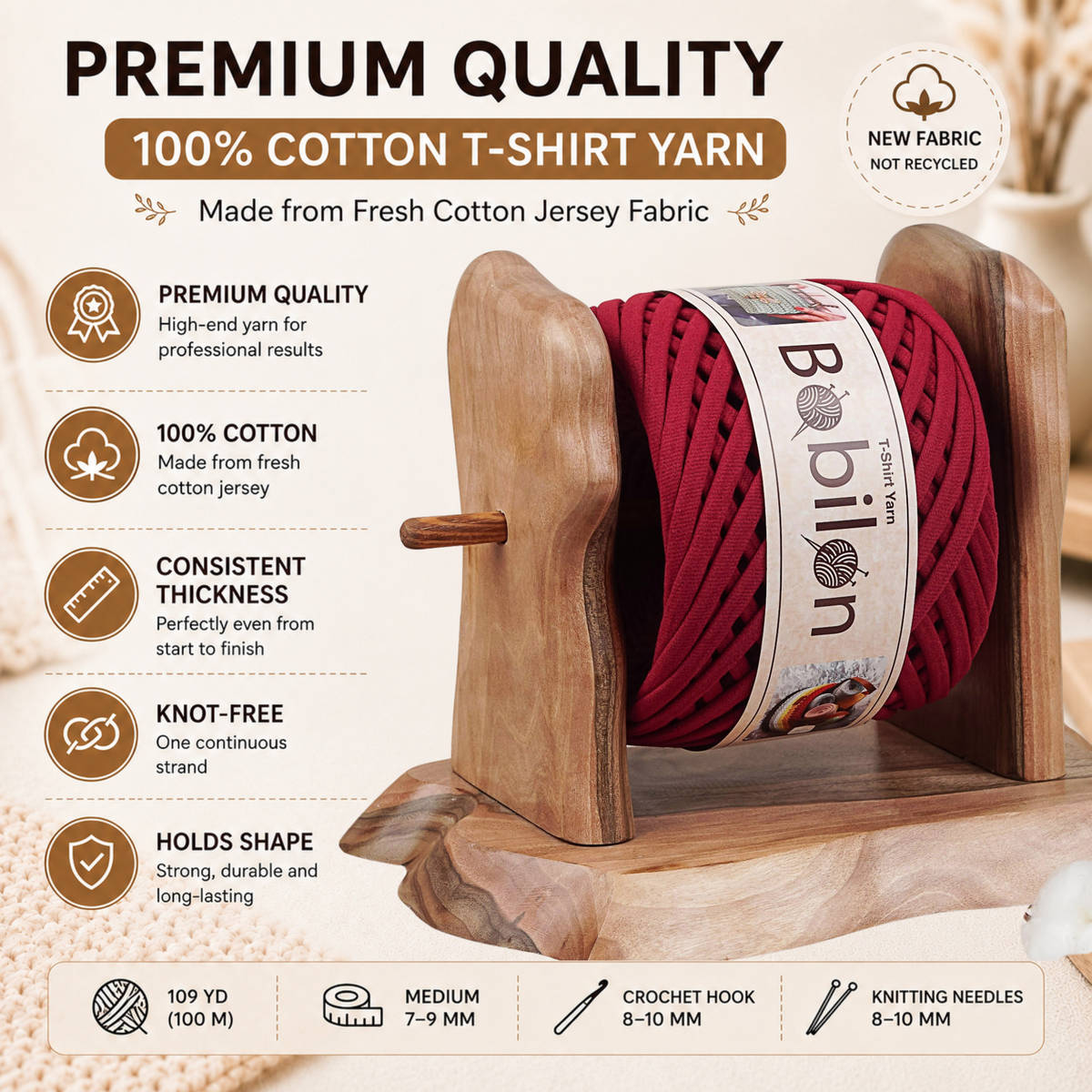 T-shirt yarn, Medium 7-9 mm, Burgundy